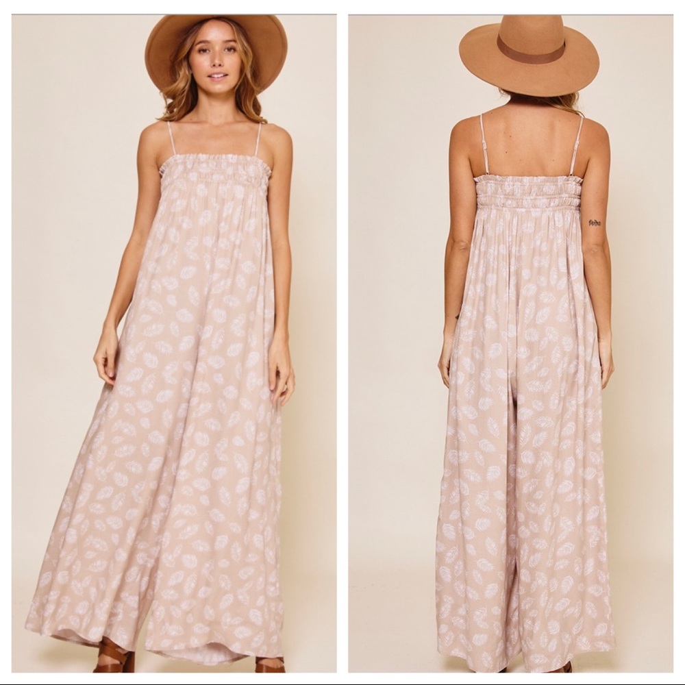 NWT Boho Sleeveless Leaf Print Wide Leg Jumpsuit